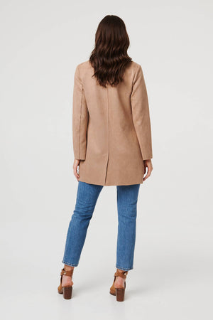 Brown | Faux Suede Collared Open Front Jacket
