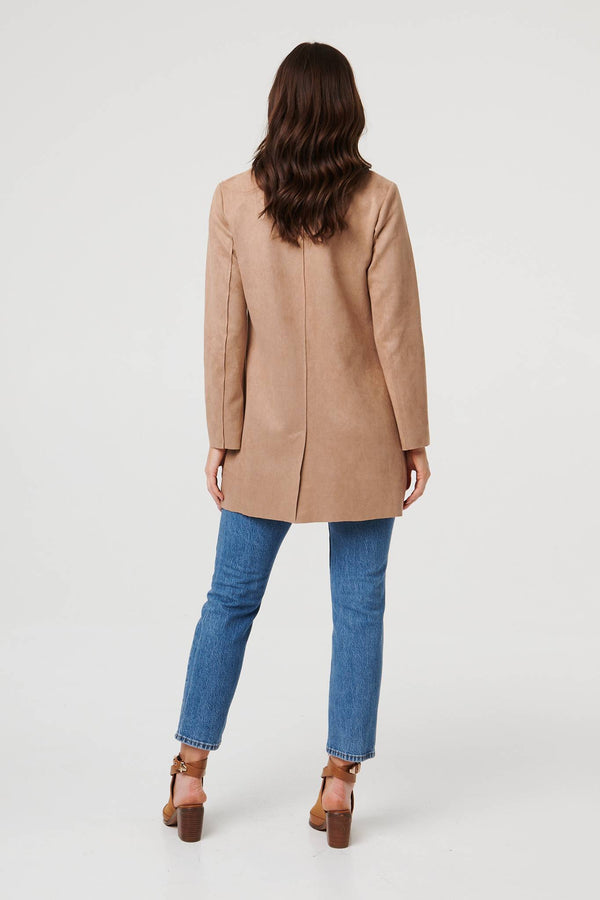 Brown | Faux Suede Collared Open Front Jacket
