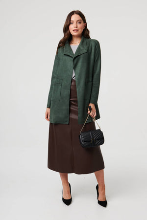 Green | Faux Suede Collared Open Front Jacket
