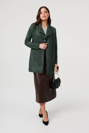 Green | Faux Suede Collared Open Front Jacket
