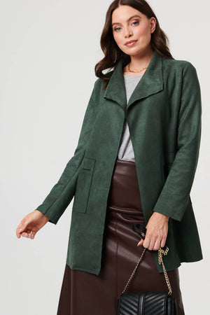 Green | Faux Suede Collared Open Front Jacket
