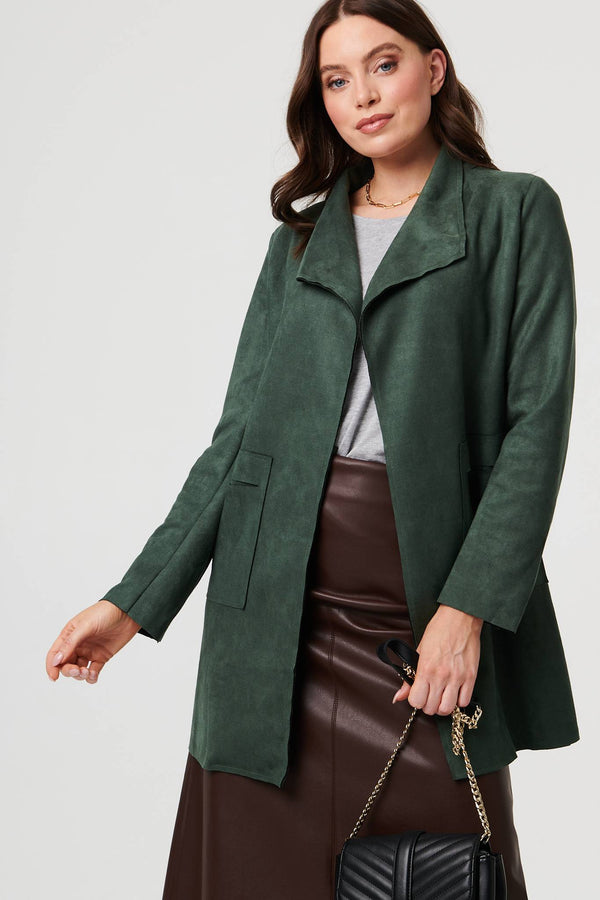 Green | Faux Suede Collared Open Front Jacket
