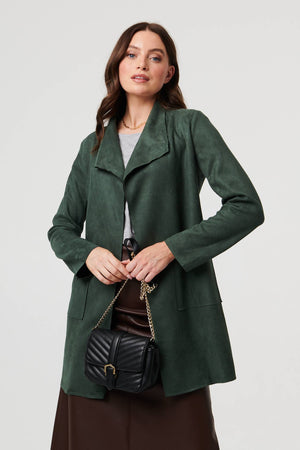 Green | Faux Suede Collared Open Front Jacket : Model is 5'9