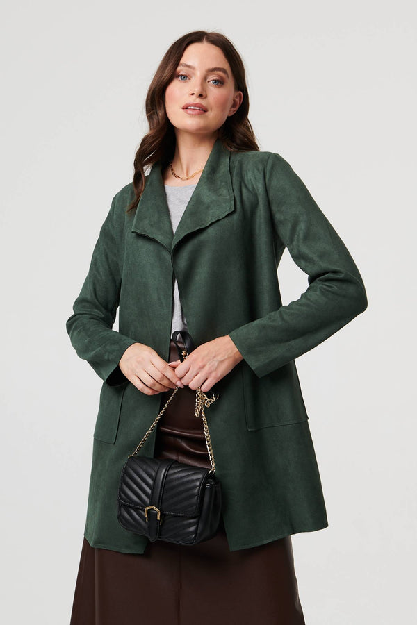 Green | Faux Suede Collared Open Front Jacket : Model is 5'9"/175 cm and wears UK8/EU36/US4/AUS8
