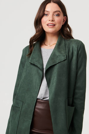 Green | Faux Suede Collared Open Front Jacket

