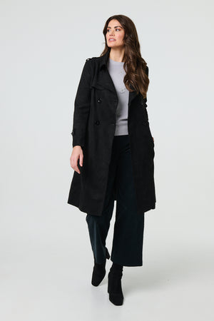 Black | Suede Tie Waist Button Front Trench Coat
