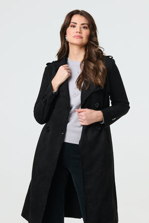 Black | Suede Tie Waist Button Front Trench Coat
