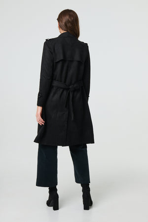 Black | Suede Tie Waist Button Front Trench Coat
