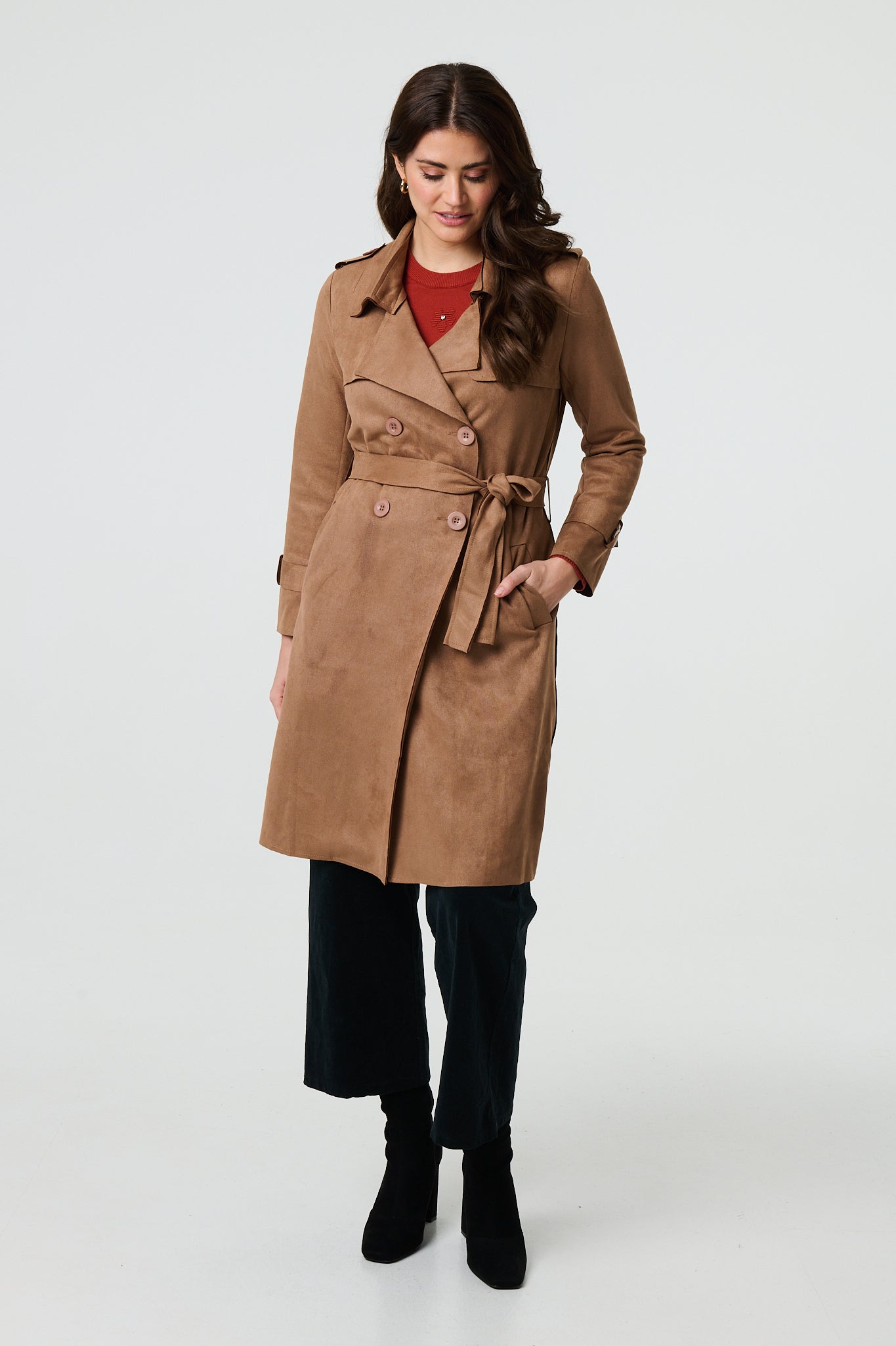 Suede Tie Waist Button Front Trench Coat Izabel London
