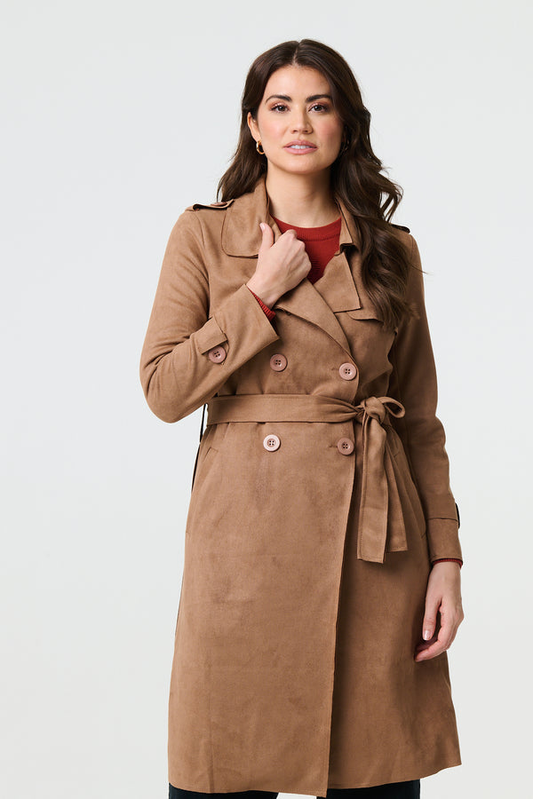 Brown | Suede Tie Waist Button Front Trench Coat

