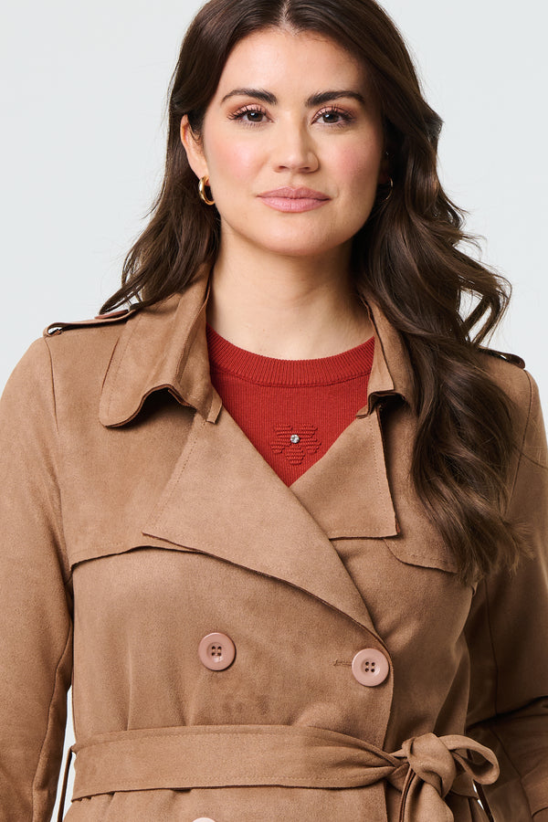 Brown | Suede Tie Waist Button Front Trench Coat
