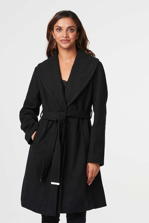 Black | Wrap Front Tie Waist Coat : Model is 5'10"/178 cm and wears UK8/EU36/US4/AUS8