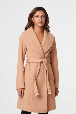 Brown | Wrap Front Tie Waist Coat : Model is 5'10"/178 cm and wears UK8/EU36/US4/AUS8