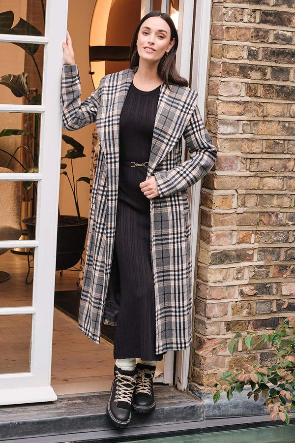 Grey | Checked Tie Waist Longline Coat : Model is 5'7"/170 cm and wears UK8/EU36/US4/AUS8