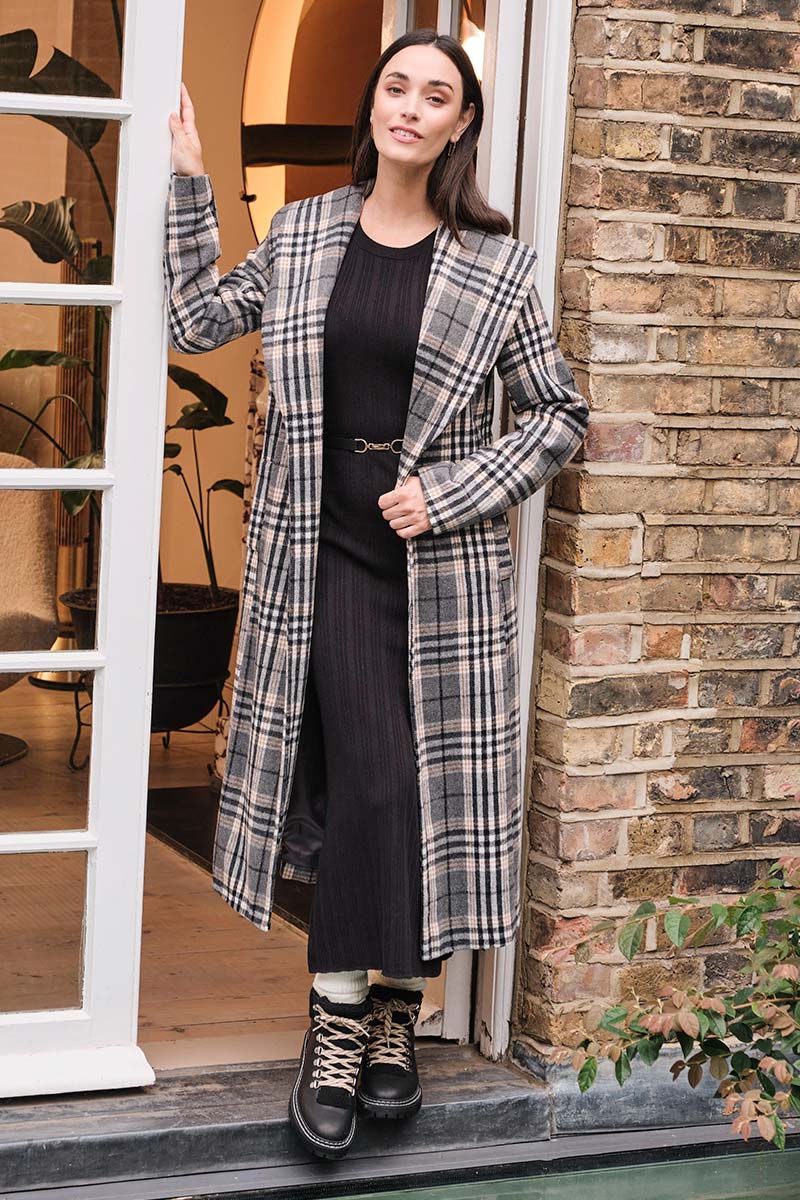 Checked Tie Waist Longline Coat Izabel London