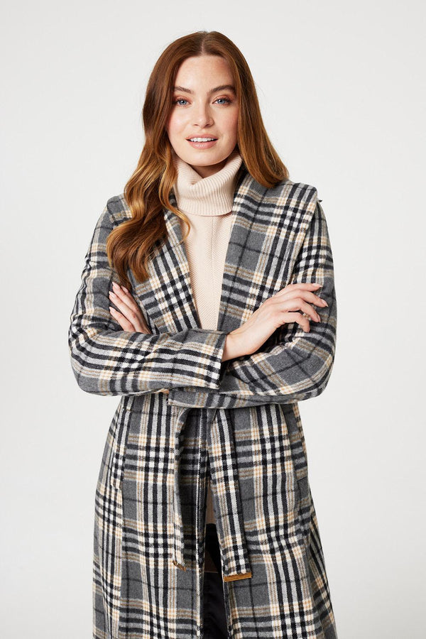 Grey | Checked Tie Waist Longline Coat