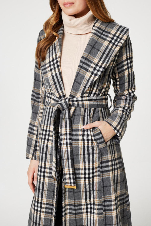 Grey | Checked Tie Waist Longline Coat