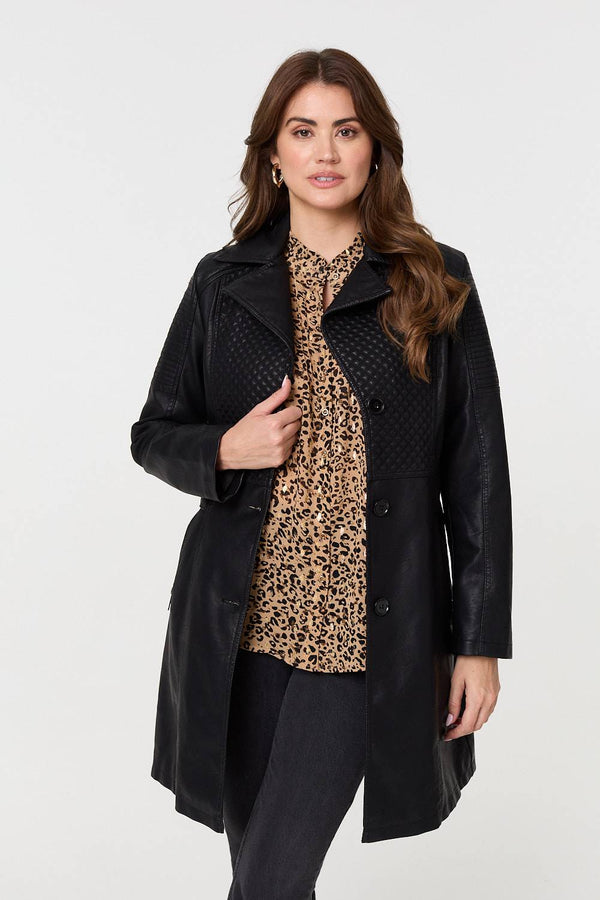 Black | Faux Leather Relaxed Thigh Length Jacket
