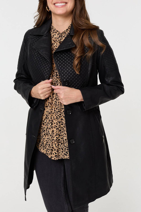 Black | Faux Leather Relaxed Thigh Length Jacket
