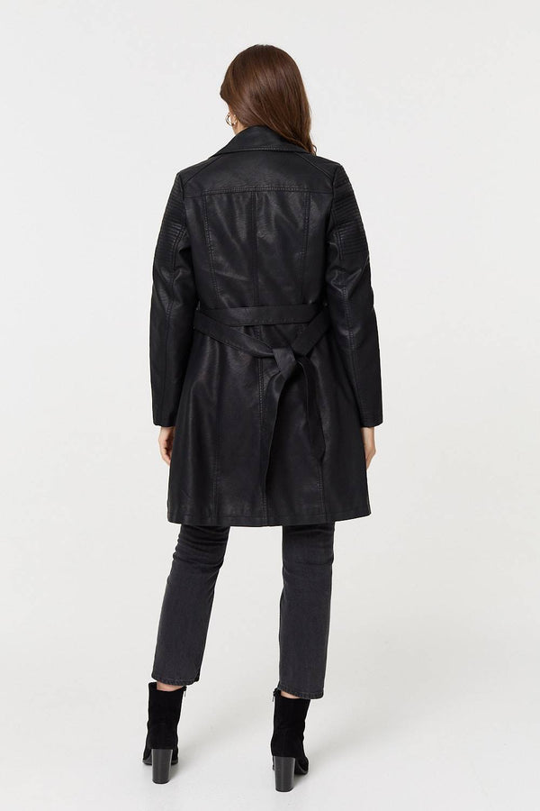Black | Faux Leather Relaxed Thigh Length Jacket
