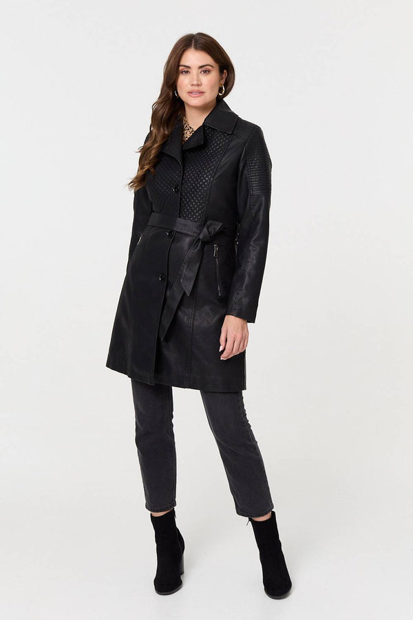 Black | Faux Leather Relaxed Thigh Length Jacket
