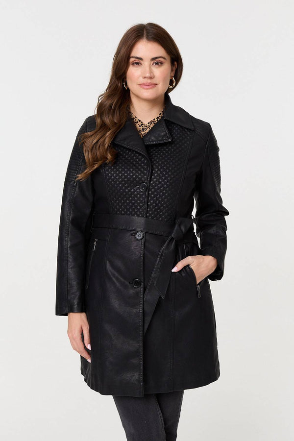 Black | Faux Leather Relaxed Thigh Length Jacket
