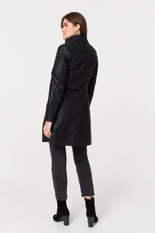 Black | Faux Leather Relaxed Thigh Length Jacket
