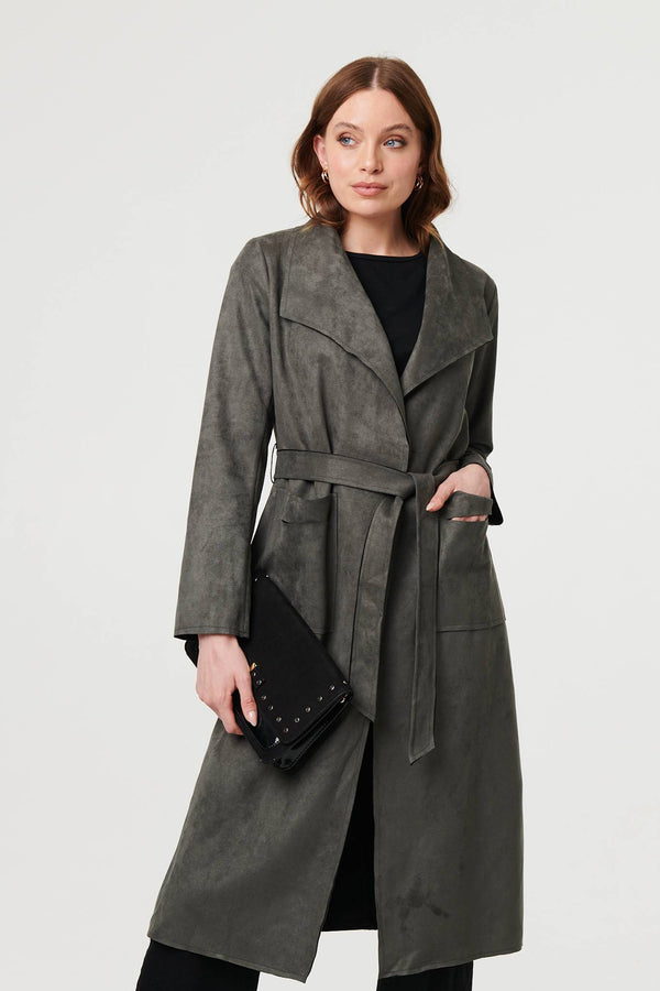 Olive | Suedette Tie Waist Longline Trench Coat