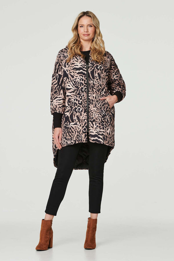 Beige | Printed Zip Front High Low Coat