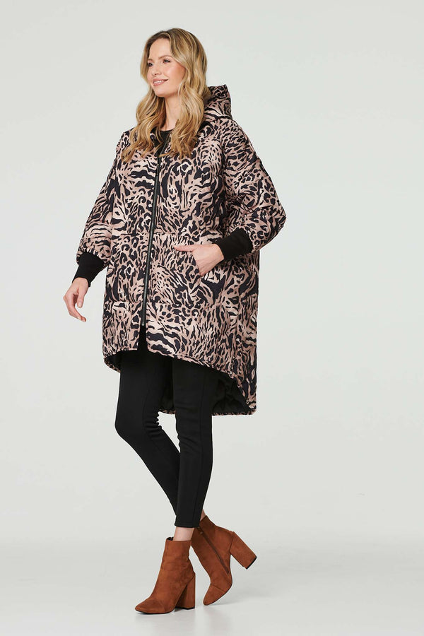 Beige | Printed Zip Front High Low Coat