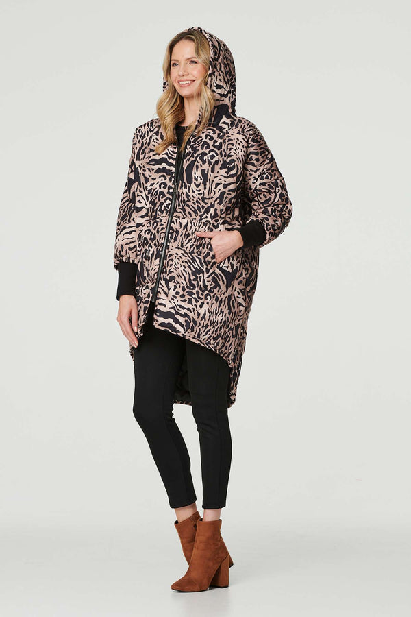 Beige | Printed Zip Front High Low Coat