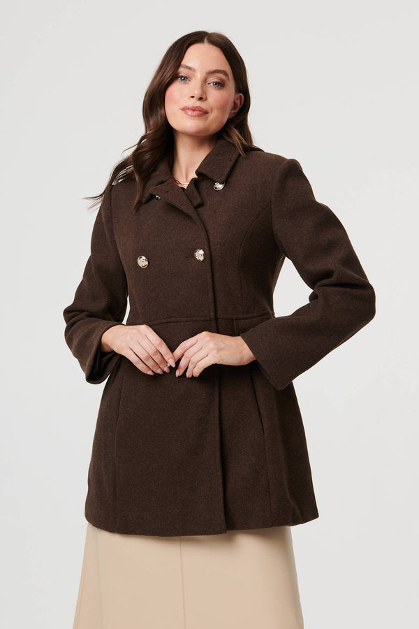 Brown | Button Detail Double Breasted Jacket : Model is 5'9"/175 cm and wears UK8/EU36/US4/AUS8