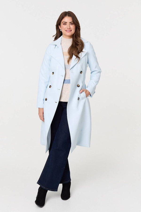 Light Blue | Slim Knee Length Tie Waist Trench Coat
