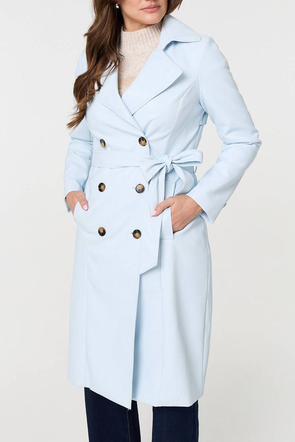 Light Blue | Slim Knee Length Tie Waist Trench Coat

