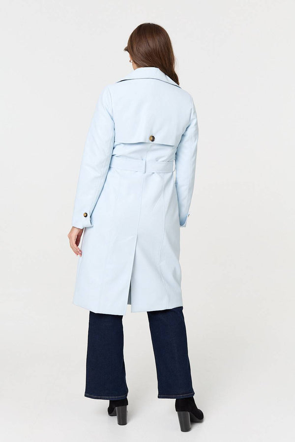 Light Blue | Slim Knee Length Tie Waist Trench Coat
