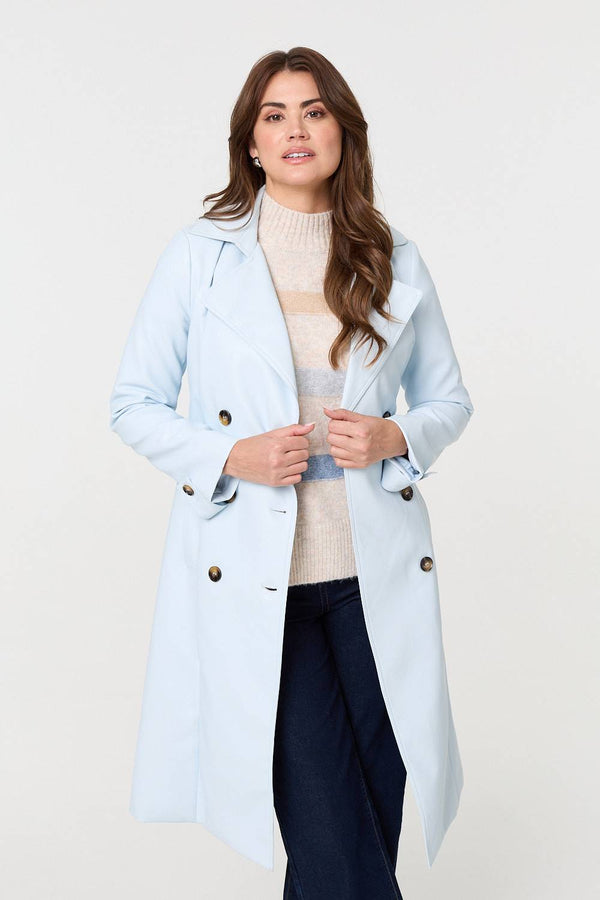 Light Blue | Slim Knee Length Tie Waist Trench Coat
