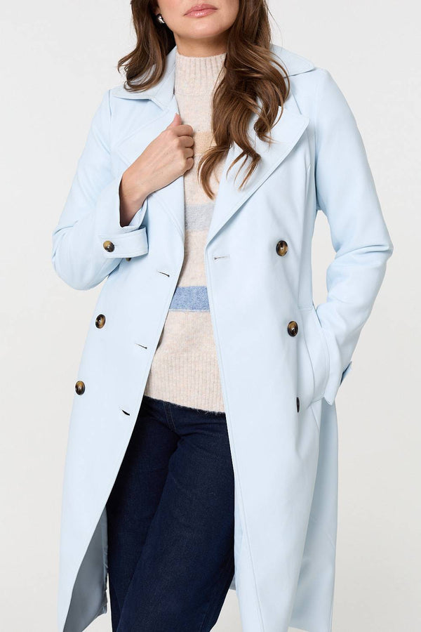 Light Blue | Slim Knee Length Tie Waist Trench Coat
