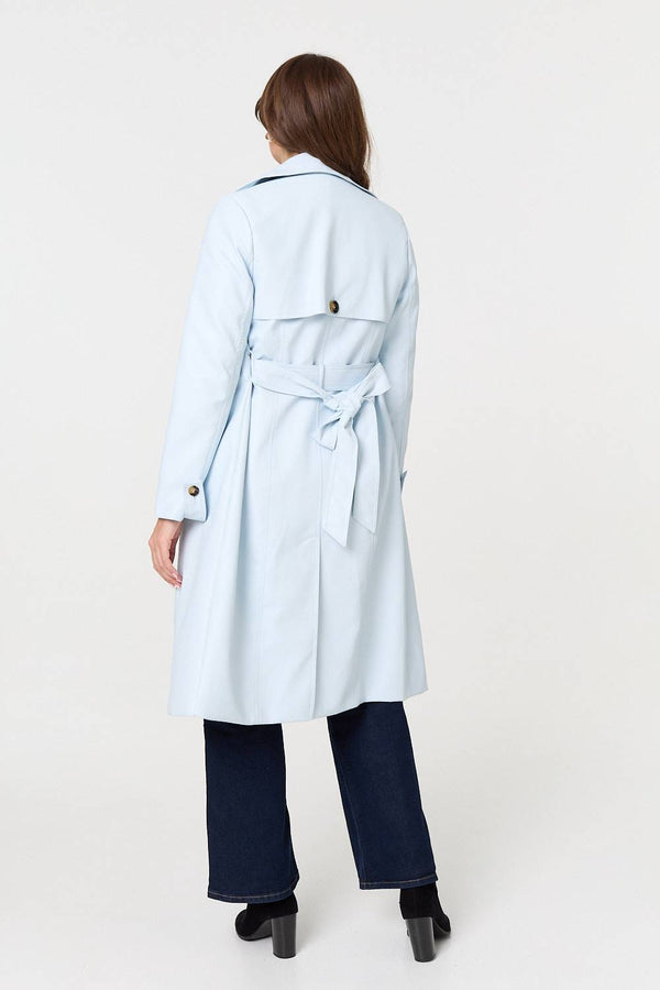 Light Blue | Slim Knee Length Tie Waist Trench Coat
