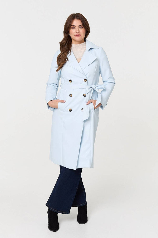 Light Blue | Slim Knee Length Tie Waist Trench Coat
