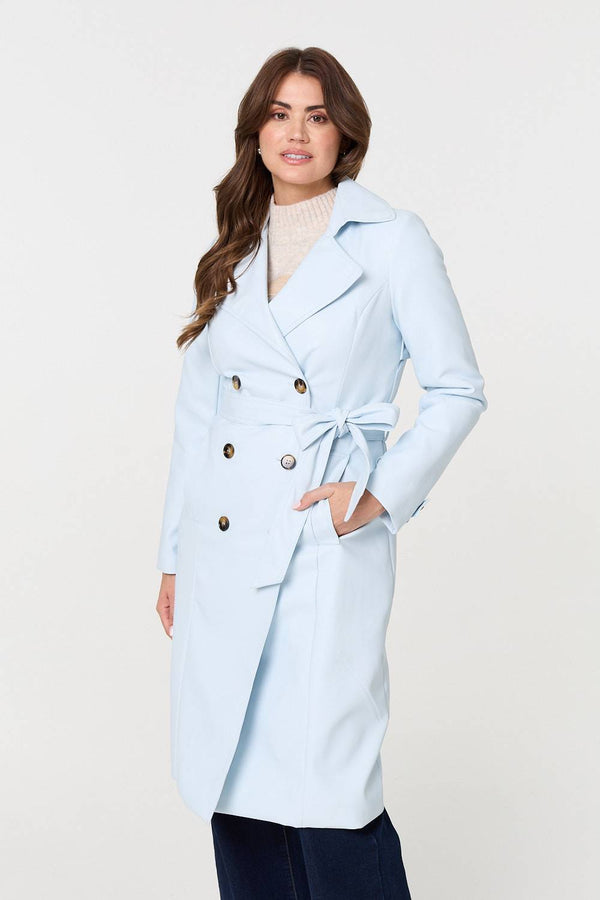 Light Blue | Slim Knee Length Tie Waist Trench Coat
