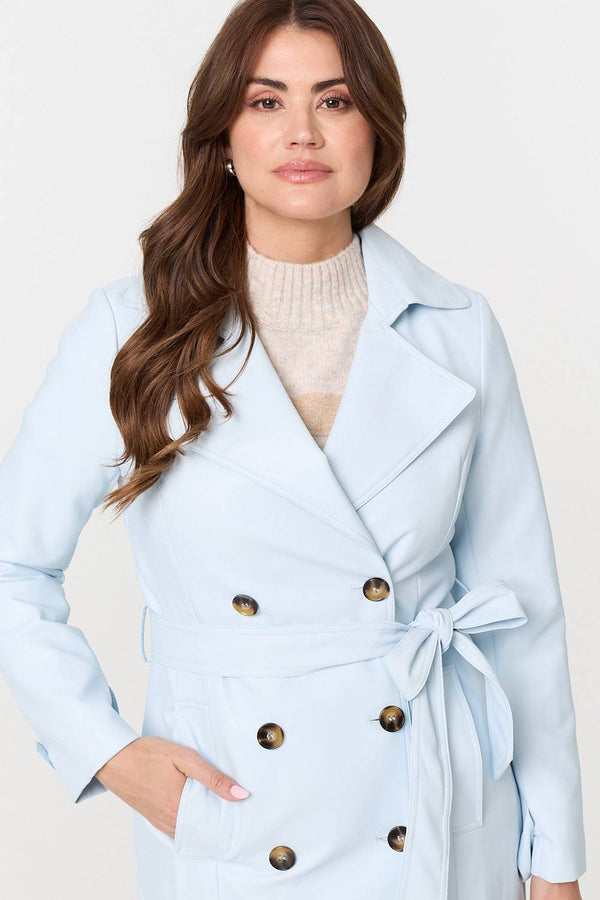 Light Blue | Slim Knee Length Tie Waist Trench Coat

