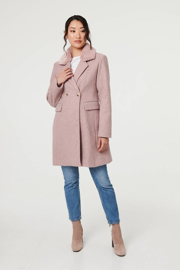 Pink | Fur Trim Double Breasted Longline Coat
