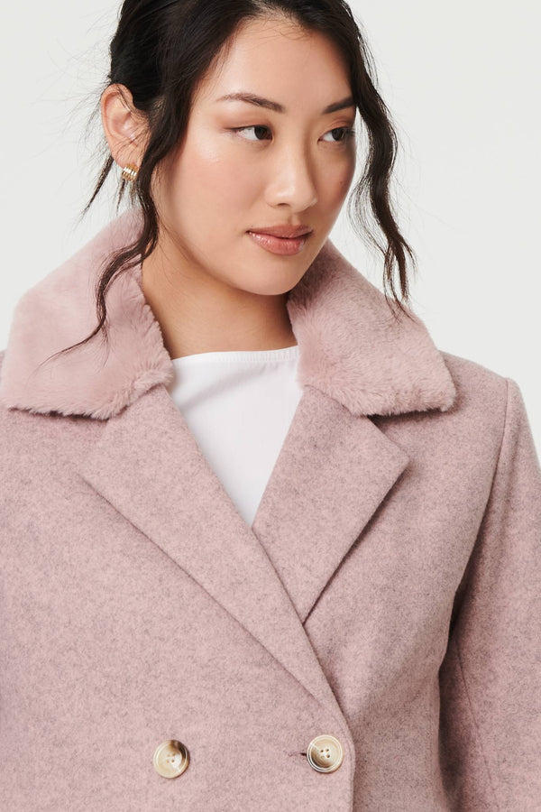 Pink | Fur Trim Double Breasted Longline Coat
