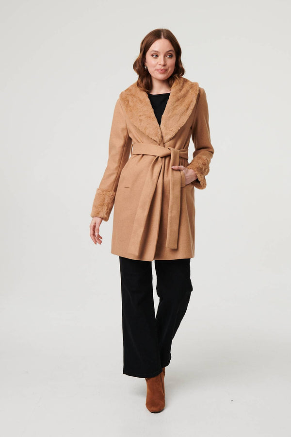 Beige | Faux Fur Trim Tie Waist Longline Coat
