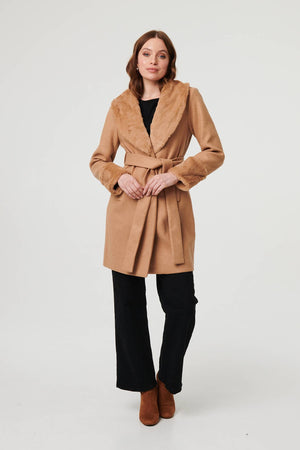 Beige | Faux Fur Trim Tie Waist Longline Coat

