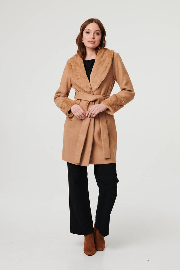 Beige | Faux Fur Trim Tie Waist Longline Coat
