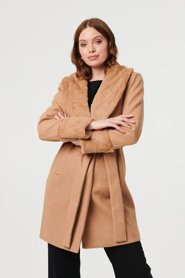 Beige | Faux Fur Trim Tie Waist Longline Coat
