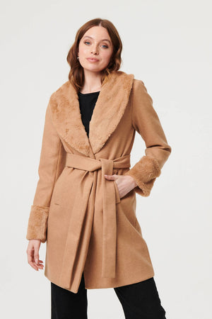 Beige | Faux Fur Trim Tie Waist Longline Coat

