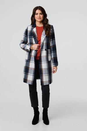 Navy | Checked Double Breasted Trench Coat
