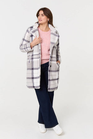 Grey | Checked Teddy Fur Thigh Length Jacket
